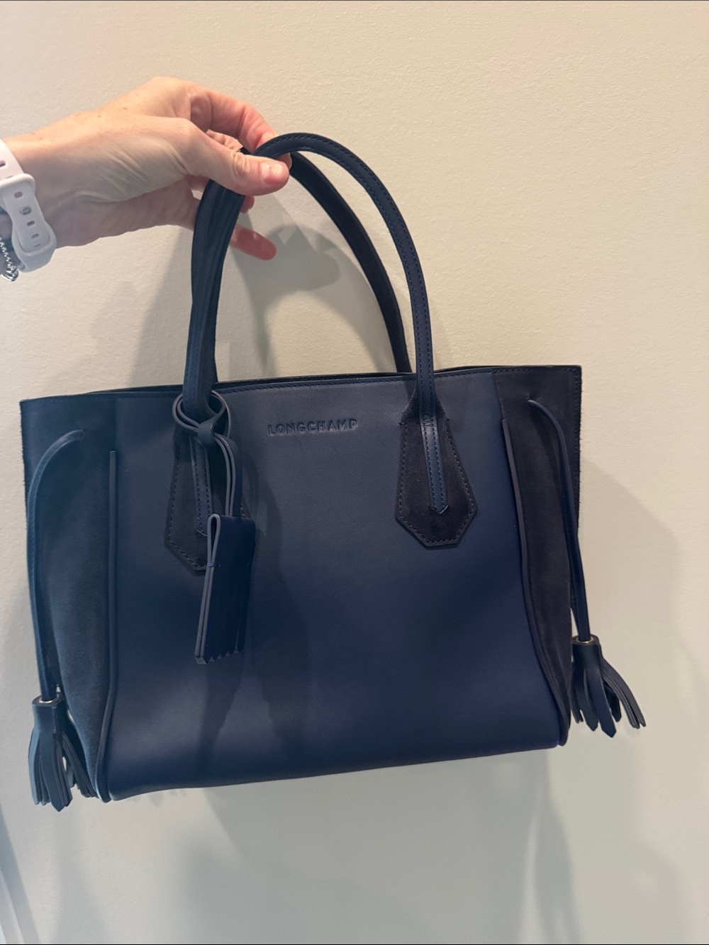Longchamp Navy Leather Top-Handle Tote with Tassel Accents